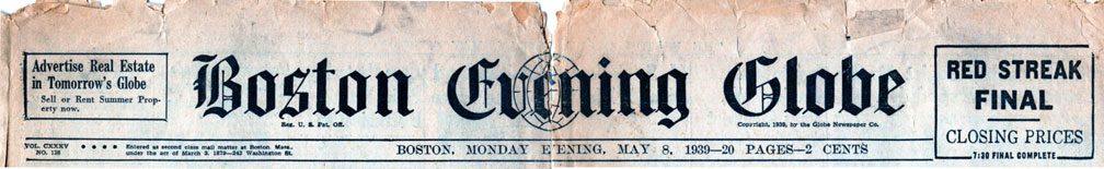 Rich-Twin article in Boston Evening Globe, May 8, 1939, page 1 Rich-Twin article in Boston Evening Globe, May 8, 1939, page 1