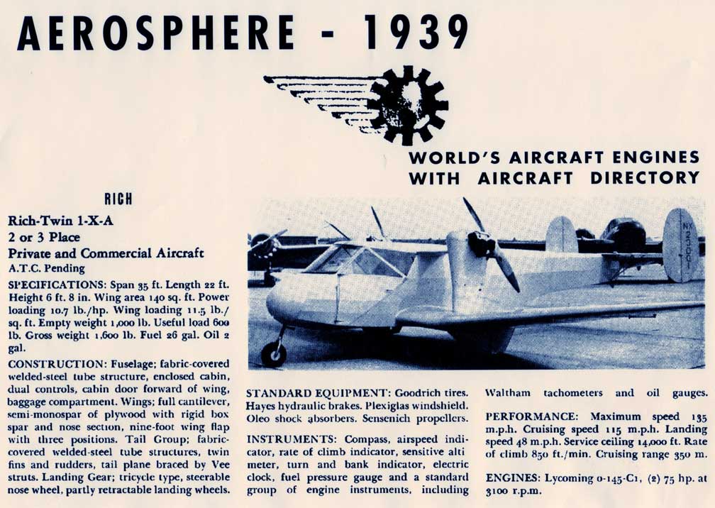 Specifications article in -Aerosphere- about the Rich-Twin in 1939.